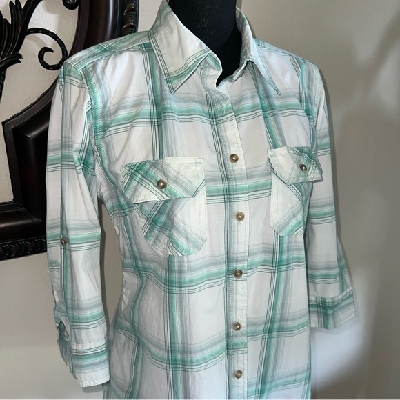 Carhartt Women’s Heron Green White Plaid 3/4 Sleeves Button Down Blouse M 8/10 - Picture 3 of 14